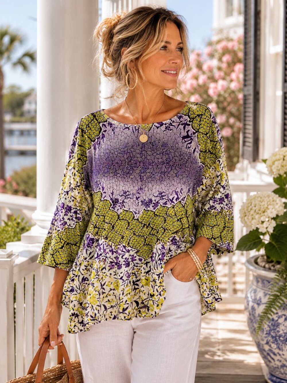 Citron purple chartreuse green abstract print tunic blouse